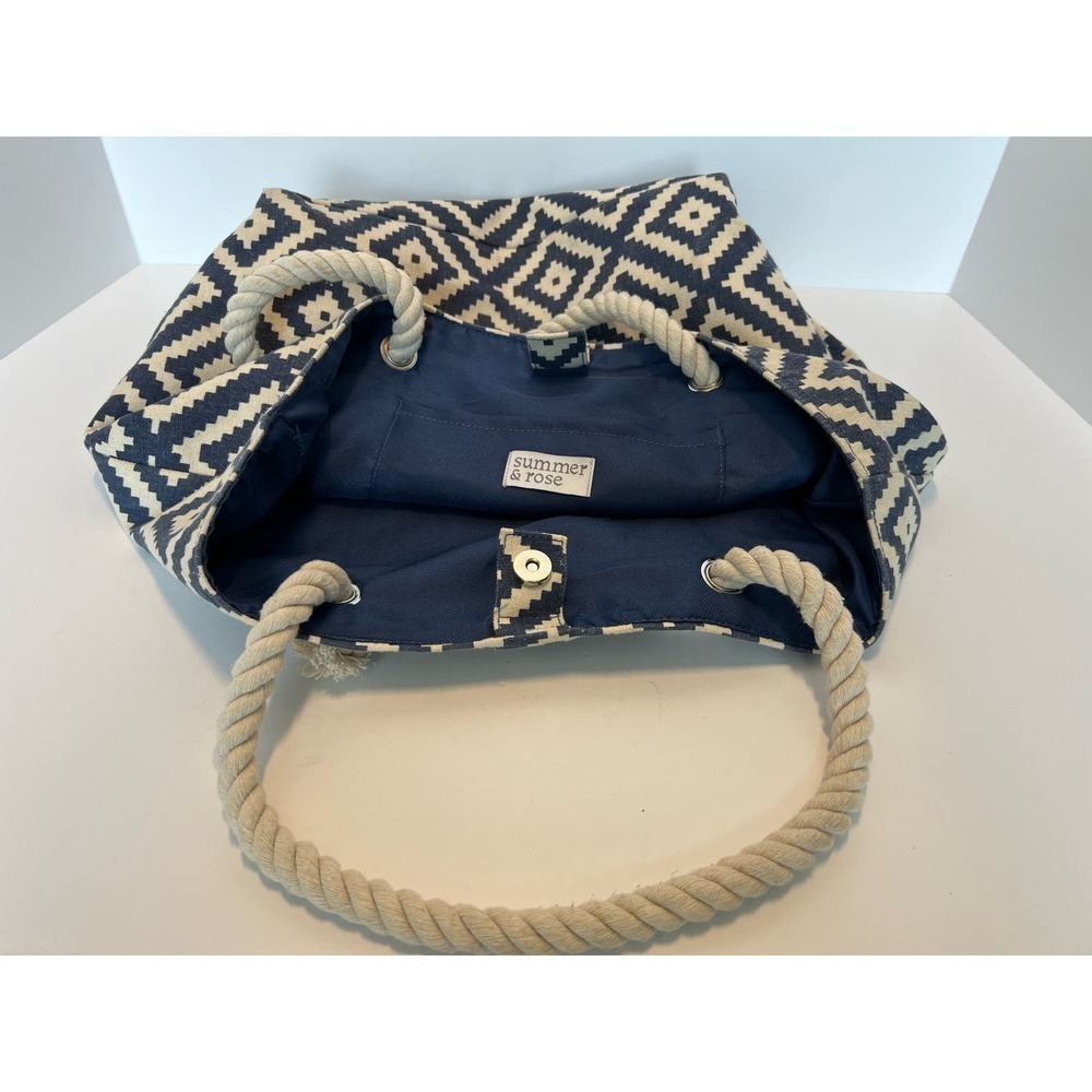 Summer & Rose Nautical Tote, Geometric Pattern, Rope Handles, Blue & White - Picture 5 of 16